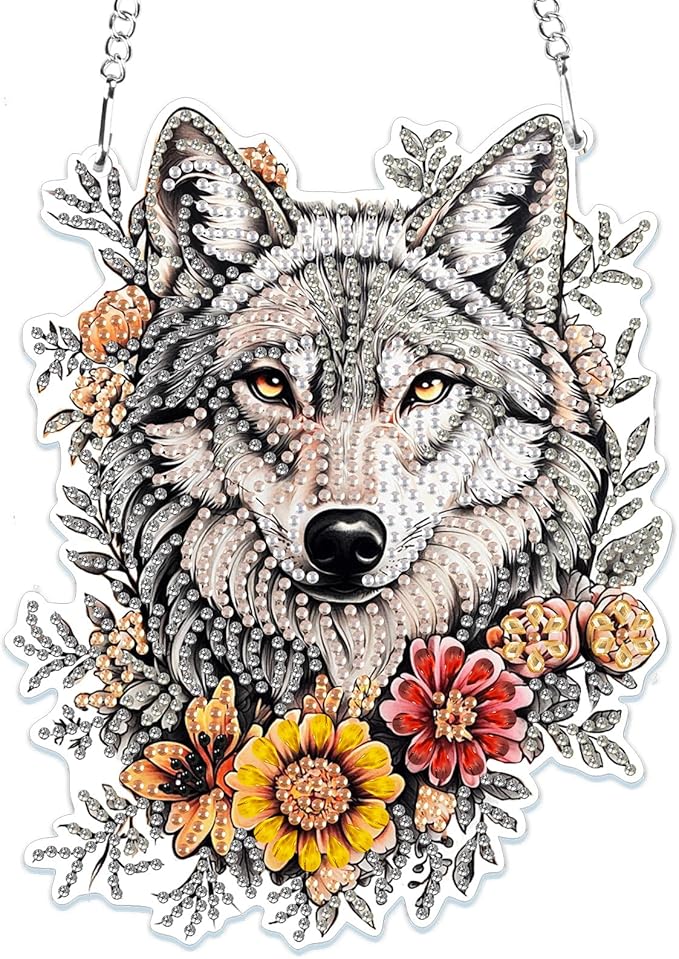 MOGTAA Wolf Diamond Art Hanging Pendant Kits, 5D Special Shape Diamond Art Kits for Adults, Crystal Rhinestones Flowers Diamond Painting Gem Art for Home Garden Wall Decor
