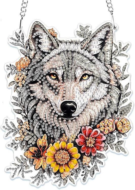 MOGTAA Wolf Diamond Art Hanging Pendant Kits, 5D Special Shape Diamond Art Kits for Adults, Crystal Rhinestones Flowers Diamond Painting Gem Art for Home Garden Wall Decor