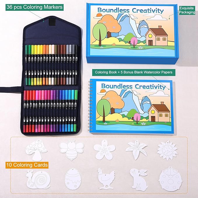 36 Colors Watercolor Markers with Coloring Book Set Brush & Fine Dual Tip No Bleeding Professional Paint Pens For Drawing Note taking Planner Calligraphy Journaling Card Making Art Supplies