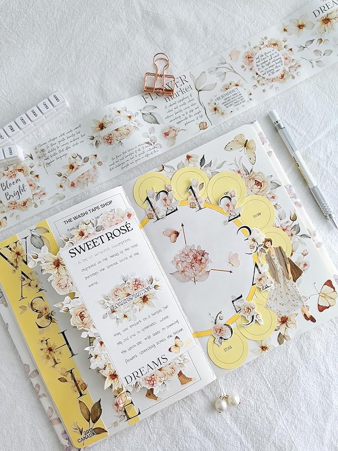 WT Pre-Cut Sweet Rosé Wide Washi Tape, Single Roll, Original Designs, Dreamy Rose Motifs & Subtle Handwritten Accents, Decorative Japanese Paper Tape for Journaling, Scrapbooking, Planner, DIY Crafts