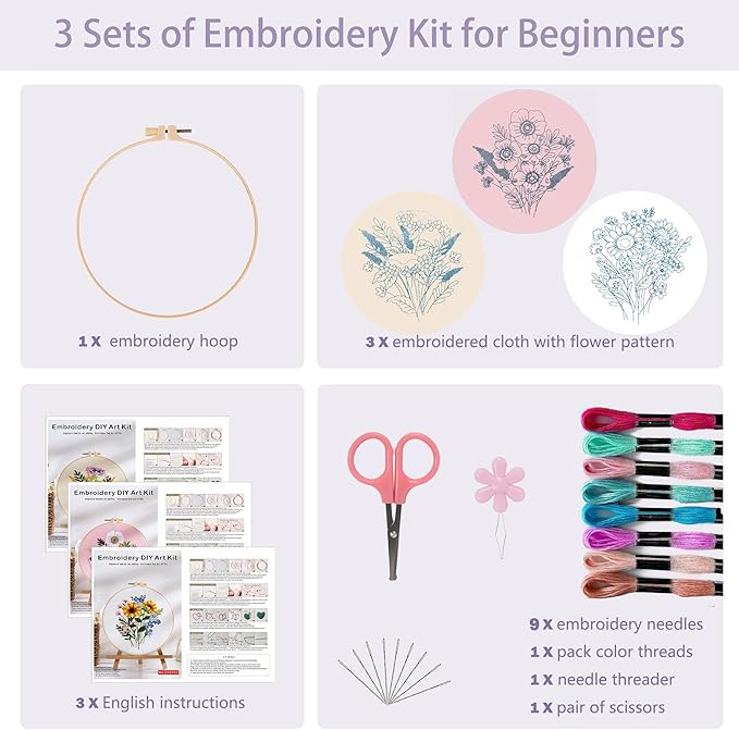 Offizon 3 PCS Embroidery Kit for Beginners - Cross Stitch DIY Craft Set, Flower Embroidery Accessories & Hoop Included, Hand Embroidery Kit for Adults Stitching Sewing Kit Gift | FlowerB Patterns