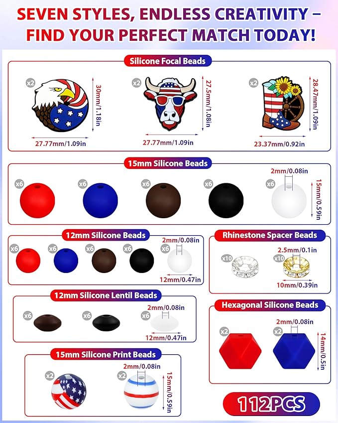 112PCS FIVEIZERO 12, 15mm Cow Focal Silicone Beads for Keychain Making, Patriotic 4th of July Independence Day, Round, Lentil, Hexagon, Print, 10mm Rhinestone Spacer Beads for Bracelets, Pens, Crafts