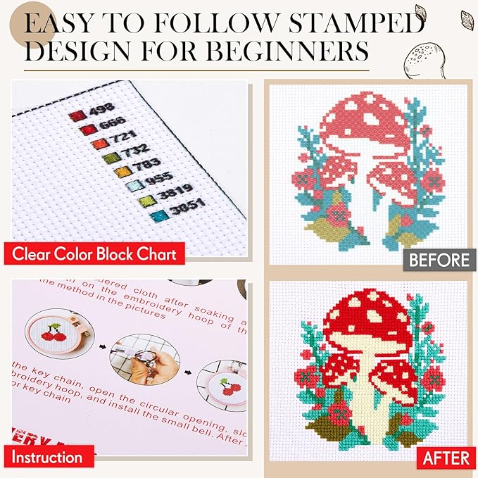 Juexica 6 Sets Mushroom Cross Stitch Kits for Beginners Mushroom DIY Embroidery Kits with Pattern and Instructions, 2 Embroidery Hoops, 6 Needles, Needle Threader, Threads Needlepoint Kits for Adults