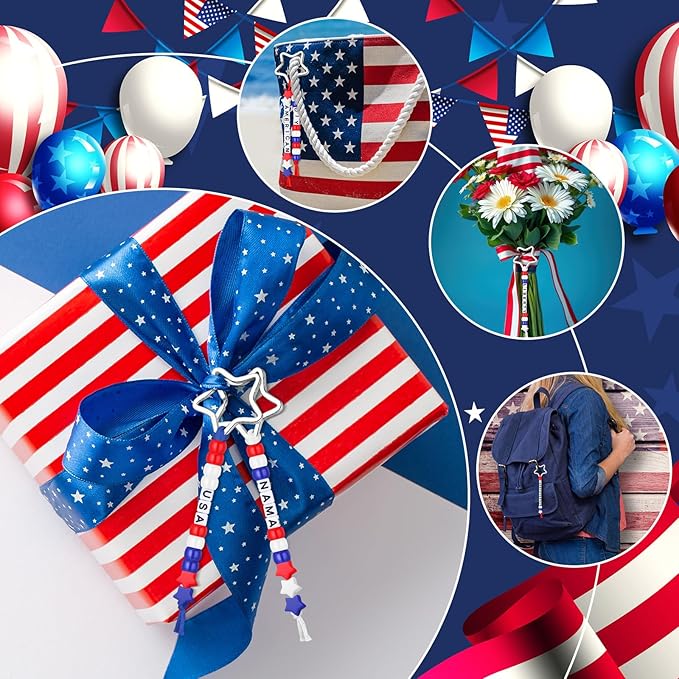 Landical 564 Pcs Patriotic Keychain DIY Making Kit Star Bead Keychain Kit Independence Day Key Chain 250th Anniversary Making Craft Adjustable Memorial Day Gift Accessories Favor(Red Blue White)