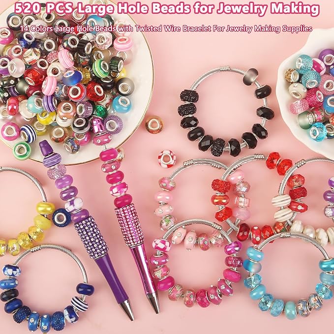 520 Pcs Large Hole Spacer Beads Assortment European Craft Beads Large Hole Colorful Rhinestone Lampwork Big Beads Fairy Garden Bead for DIY Pens Bracelet Necklace Keychain Jewelry Making Supplies