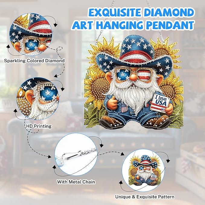Bowetile Independence Day 5D Diamond Art Hanging Gnome Kits for Adults, 4th of July Diamond Painting Sunflowers Window Pendant Kits, Special Shape Gem Art Suncatcher Ornament for Home Wall Decor