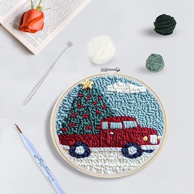 QBQBQ 4 Sets Christmas Punch Needle Kits Adults Beginner, Christmas Embroidery Kit with Printed Pattern and Bamboo Hoop, Festival Gift and Decoration