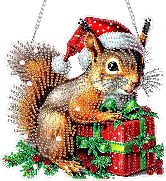 SENQAO Squirrel Diamond Art Hanging Kits for Adults Kids, Christmas Diamond Art Suncatchers, 5D Special Shape Diamond Painting Pendant Window Ornament Gifts for Home Garden Door Wall Decor