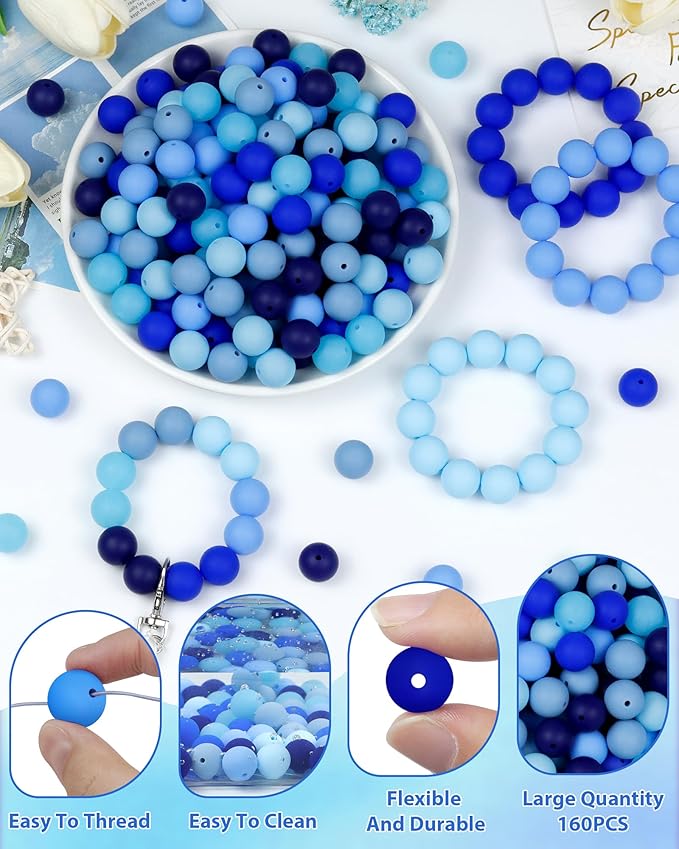 160pcs fiveizero 12mm silicone beads for keychain making, blue mixed 6 colors round silicone bead bulk for pens, rubber beads for bracelets and diy crafts