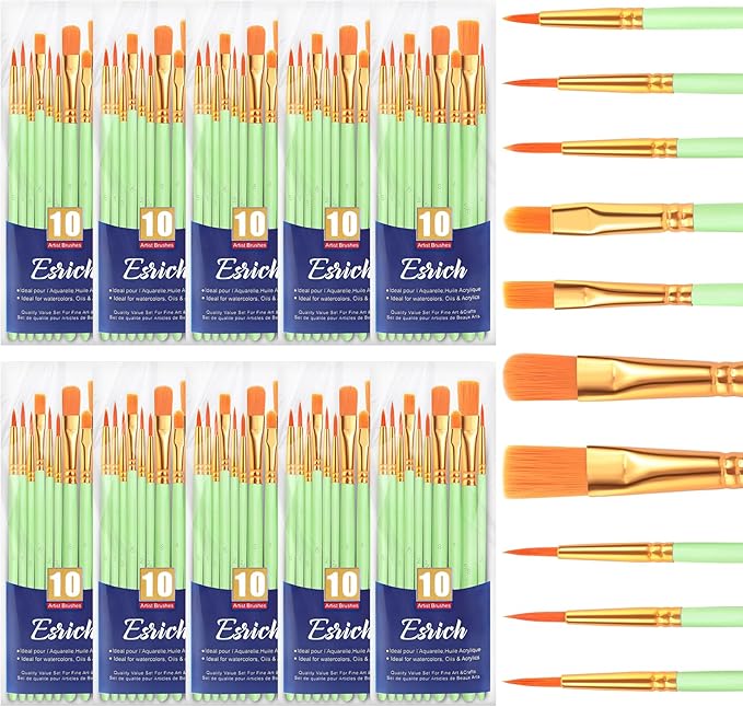ESRICH Paint Brushes Set,10 Packs 100 Pcs Acrylic Paint Brush Set,Acrylic Oil Watercolor, Face Nail Art, Miniature Detailing,Rock Painting,Painting Artist Professional Kits(Green)