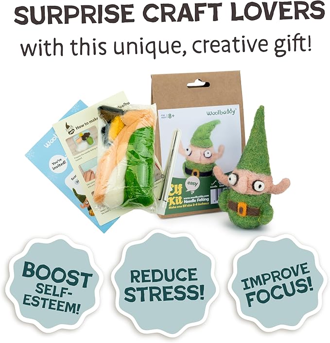 Woolbuddy Needle Felting Kit - Elf Christmas, Complete Felting Kit for Beginners & Adults, Includes Needle Felting Supplies, Felting Mat, Felting Wool, and Felting Needles for Crafting Fun