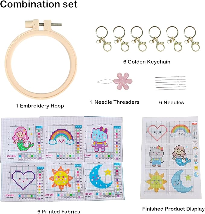 57lilina Cross Stitch Kits for Kids - 6 Set Easy Beginners Embroidery Kit for Kids, DIY Cute Pre Printed Stamped Crossstitch Needlepoint Patterns Craft for Backpack Charms, Keychains & Girls Gifts