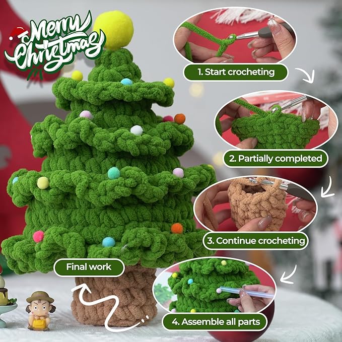 Crochet Set - Beginner Friendly Crochet Set with Step-by-Step Teaching Videos and Crochet Pattern Manuals (Ice Striped Yarn Christmas Tree)