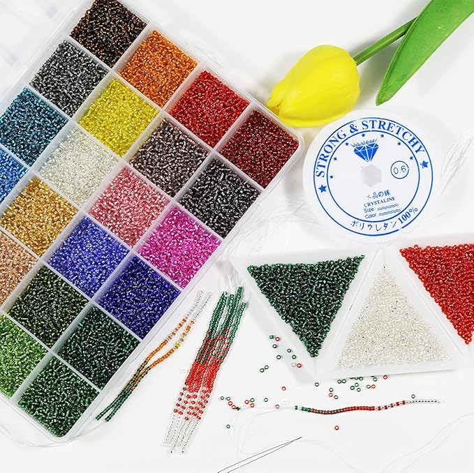 About 21000pcs 2mm 12/0 Glass Seed Beads 24 Colors Loose Beads Kit Bracelet Beads with 24-Grid Plastic Storage Box for Jewelry Making
