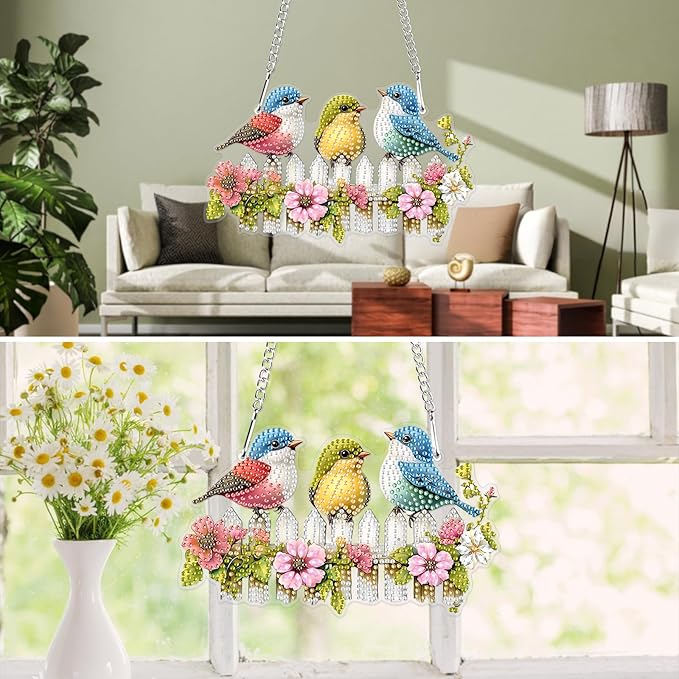 MXJSUA Special Shaped Hanging Diamond Painting Art Kits for Adults, Three Cute Birds 3D Crystal Rhinestone Acrylic Gem Art Pendant Ornaments Kit for Home Decoration and Gift