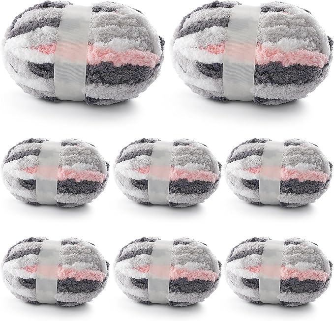8 Pcs Chunky Yarn for Hand Knitting - Chunky Chenille Yarn for Crocheting - Fluffy Yarn for Crochet - Jumbo Yarn for Hand Knitting 200 yds 61.6 oz of Super Bulky Yarn (Dark Grey-Pink-White)