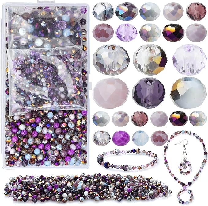 1000pcs 4/6/8mm Purple Color Briolette Crystal Glass Beads for Jewelry Making Supply,Round Rondelle Faceted Spacer Beads,Crystal Beads for Bracelets Necklaces DIY Crafts
