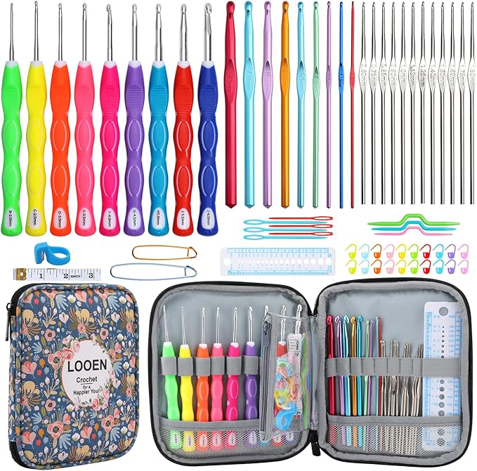 Looen Crochet Hooks Set-Yarn Needles Coloured Aluminum with Storage Case Rubbery Handle Ergonomic Comfort Grip DIY Craft Handmake Kit 64pcs