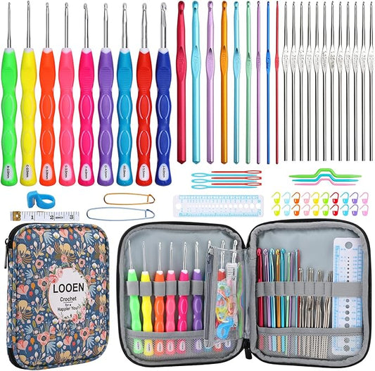Looen Crochet Hooks Set-Yarn Needles Coloured Aluminum with Storage Case Rubbery Handle Ergonomic Comfort Grip DIY Craft Handmake Kit 64pcs