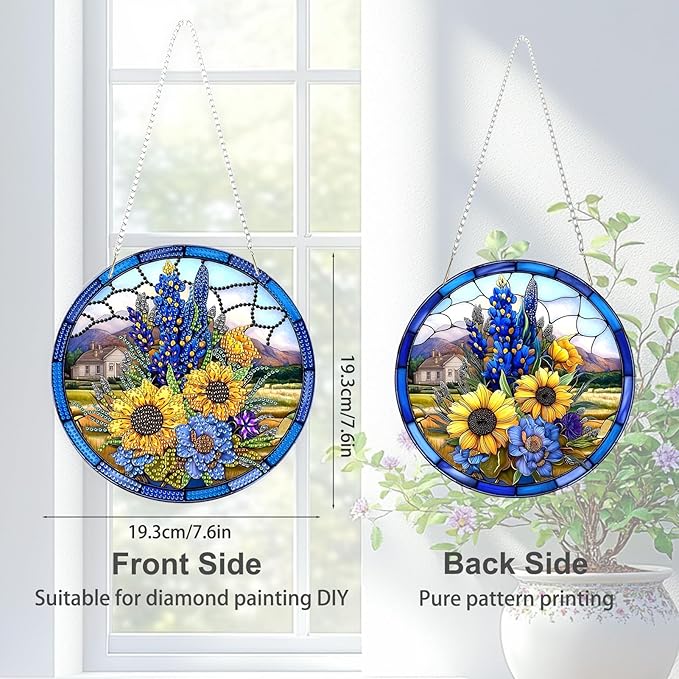 TOSTOG Diamond Art Hanging Kits for Adults, DIY Lavender Diamond Paintings for Adults Window Pendant, Special Shape Diamonds Sunflower Diamond Paintings Hanging Pendant Kit for Wall Decor Gift