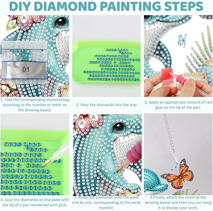 MEIYUDA Dolphins Diamond Art Hanging Kits for Adult, Flowers Dolphins Diamond Painting Hanging Kits Ornaments, DIY Special Shaped Rhinestone Window Pendants Kit for Home Garden Wall Decor Gift