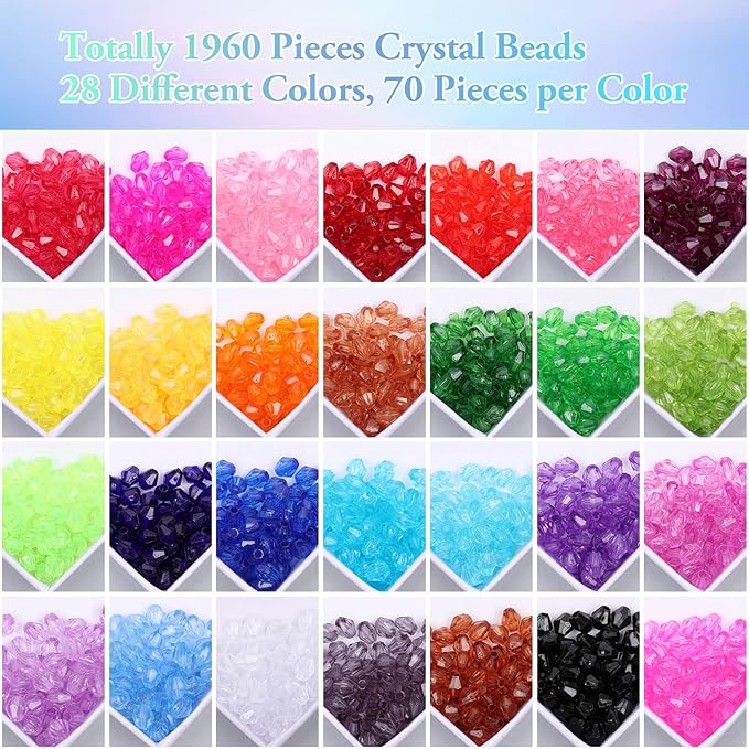 PAXCOO 1960Pcs Crystal Beads for Jewelry Making, Assorted 28 Colors, Bicone Acrylic Glass Beads, 6 mm