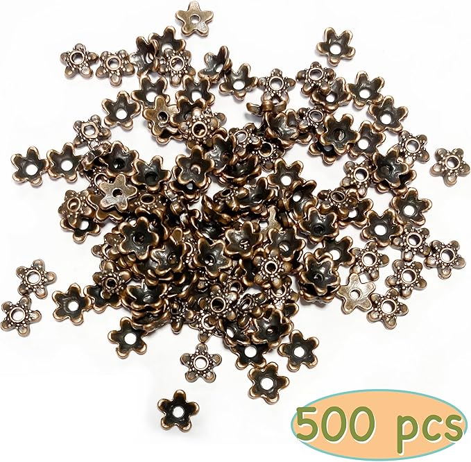 Heather's cf Flower Bead Caps Custom Fancy Charm Jewelry Making Spacer Kit Findings Bulk Vintage for Bracelets Earrings Necklaces Rings Beading Supplies Craft Non Tarnish DIY (Copper Star - 500 Pcs)