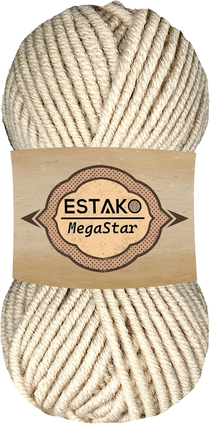 Estako Megastar, 75% Acrylic 25% Wool Yarn, Soft, Chunky Bulky Weight #5 for Crochet and Knitting 3.52 Oz (100g) / 120 Yrds (110m) (67011 - Stone)