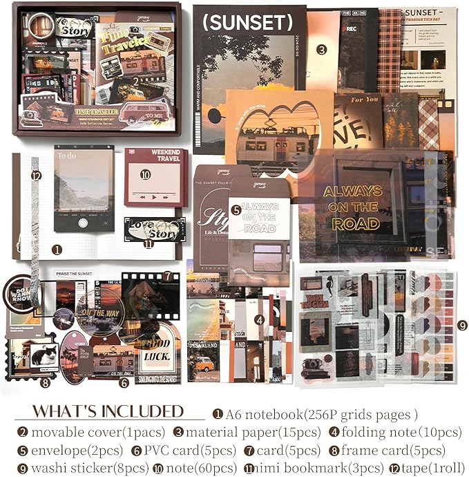 scrapbook supplies kit, vintage junk journaling supplies, scrapbooking kit with aesthetic ephemera stickers, stationary set, bullet journaling kit, collage craft supplies gift for adults women starter