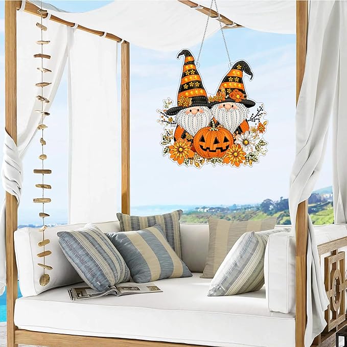 VAIIEYO Halloween Diamond Art Hanging Ornament, Dwarf Gnome Diamond Painting Suncatchers Window Hanging Kit with Chain, 7.5x7.5 inch Crystal Pendant Art Craft for Gift Home Wall Front Door Decoration