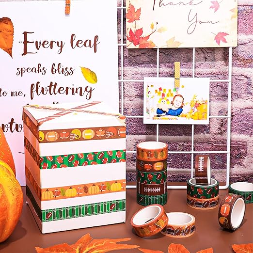12 Rolls Fall Football Washi Tape Autumn Pumpkin Rugby Decorative Masking Tape Set Thanksgiving Wrapping Paper Tapes for Scrapbook Journal DIY Art Crafts
