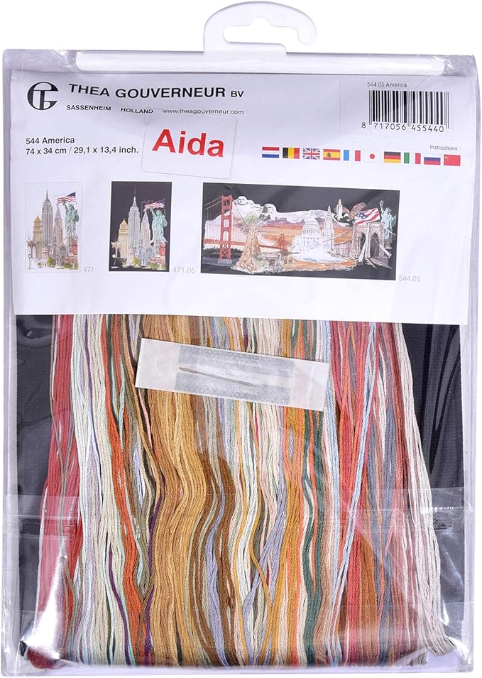 Thea Gouverneur - Counted Cross Stitch Kit - America - Aida Black - 18 Count - Embroidery Kit for Adults - DMC Embroidery Threads and Other Cross Stitch Supplies Included - 544.05