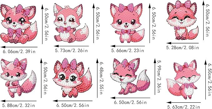 Masendp 8 Piece 5D DIY Animal Diamond Painting Keychain Set, Pink Fox Diamond Pendant Hanging Animal Art Decoration for Adult Beginner Pack Birthday Family Party Decoration