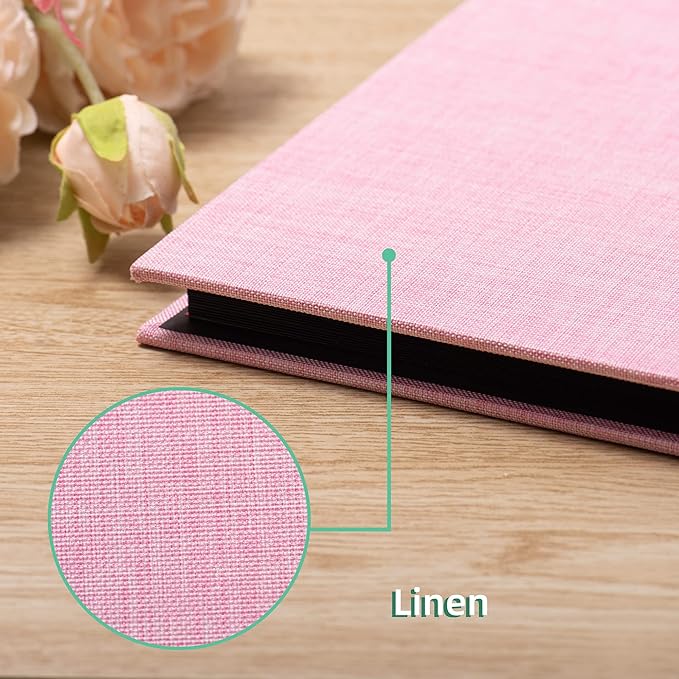 Large Photo Album Self Adhesive 4x6 8x10 10x12 13"x12.6" Scrapbook Album 12.6"x11" Inch 60 Black Sticky Pages Linen Cover Magnetic Photo Album with A Metallic Pen and DIY Stickers(Pink)