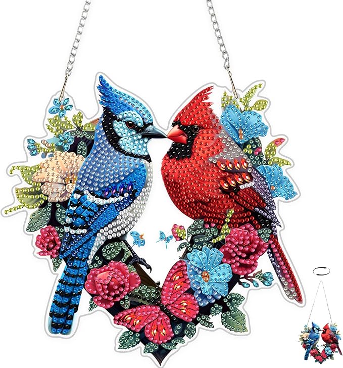 TOSTOG Bird Diamond Art Hanging Kits for Adults, Cardinal Bluebird Diamond Painting for Adults Window Pendant, Special Shape Diamonds Diamond Painting Hanging Pendant Kit for Decor Gift