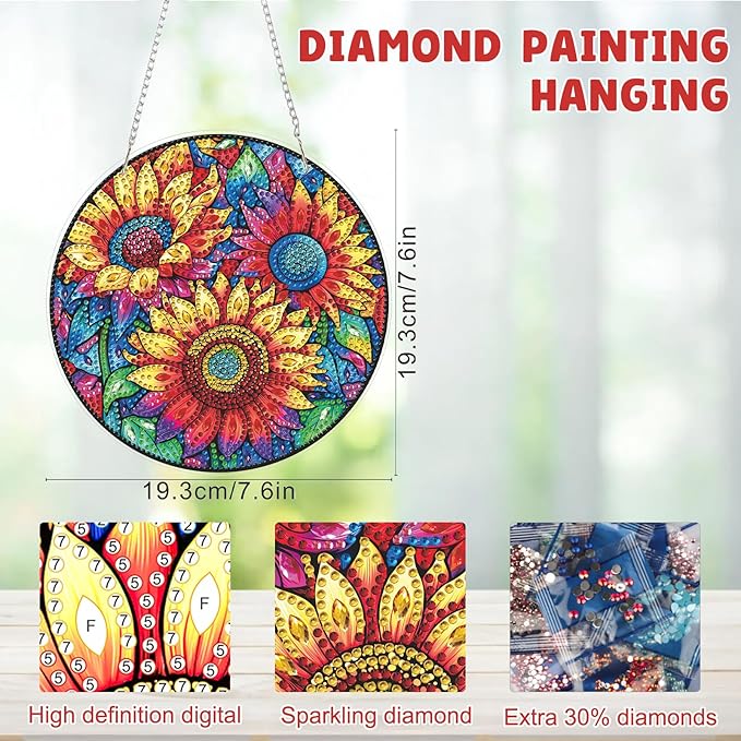 MAXBYE Diamond Art Kits for Adults Hanging Pendant, Sunflowers DIY Special Shaped Diamonds Painting Double Sided Rhinestone Gem Art for Beginners Gift Window Wall Door Decoration 8×8 Inch