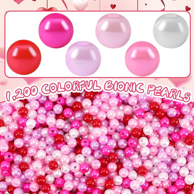 UPINS 1200Pcs Valentines Day Pearl Beads,Red Pink White Beads for Jewelry Making Bracelets 6mm Wedding Party Decoration Necklace Earrings Hair Beads DIY Crafts Supplies