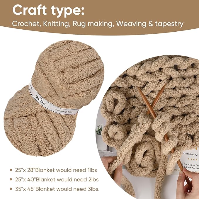 8 Jumbo Packs Chunky Chenille Yarn for Crocheting, 31.7 yds, 8 oz Each Skein Bulky Thick Fluffy Yarn for Knitting, Super Bulky Chunky Yarn for Hand Knitting Blanket, Soft Plush Yarn - Khaki