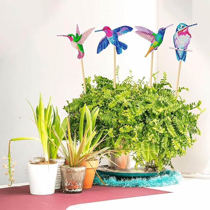 BEAUTYMEHNDI STORE 10 Pack Diamond Art Bird Plant Stakes – DIY Hummingbird Mini Diamond Painting Kit for Adults, Garden Decor for Potted Plants, Gift for Plant Lovers