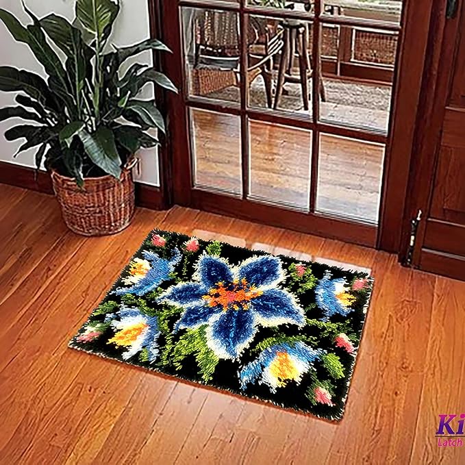 KitsMaster Blue Flower Latch Hook Rug Kit for Adults, Beginner-Friendly Rug Making Craft Set with Pre-Printed Canvas and Color-Coded Yarn, 23.6''x15.8'' (Midnight Bloom)