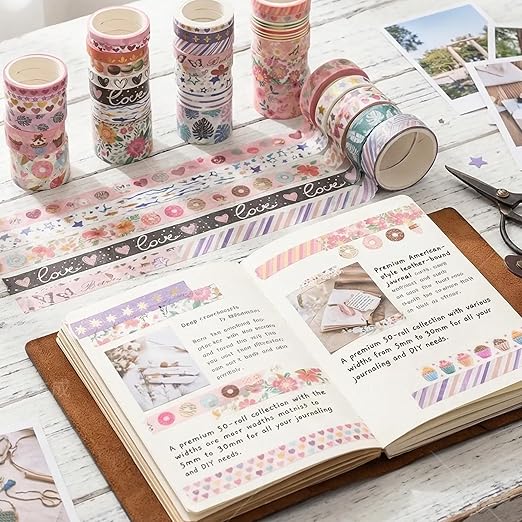 50 Rolls Washi Tape Set, Assorted Sizes, for Junk Journal Scrapbook, Bullet Journaling Scrapbooking Supplies, Planner Sticker DIY Craft Decor (Serene Basics)