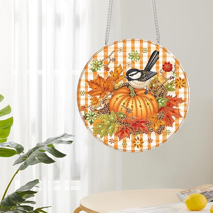 Reofrey Hanging Diamond Art Kits for Adults - 8x8 Inch Thanksgiving Day Acrylic Board Double Sided Pattern Diamond Art Suncatcher Pendant, Crystal Art for Home Wall Window Decoration Handmade Gift