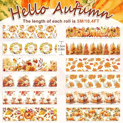 Whaline 12 Rolls Fall Floral Washi Tape Watercolor Pumpkin Maple Leaves Washi Tape Autumn Decorative Masking Tape for Thanksgiving Harvest Scrapbook Journal DIY Art Craft Gift Wrapping