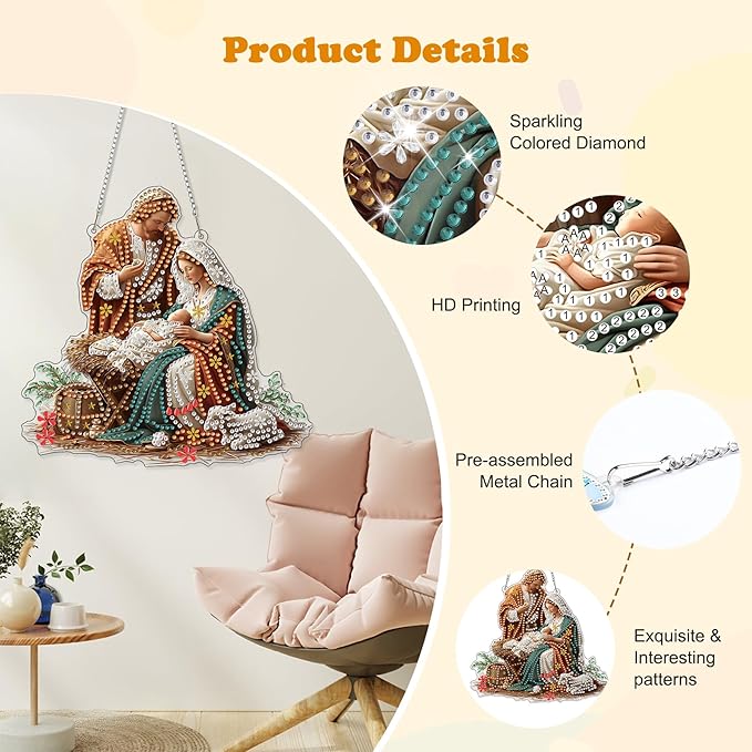 HEIBAGO Nativity Scene Diamond Art Hanging Kits for Adults Kids, 5D Special Shaped Crystal Diamond Painting Kit, DIY Pattern Window Pendant Gem Art Kit for Home Wall Decor 8.3 x 8.3 Inch