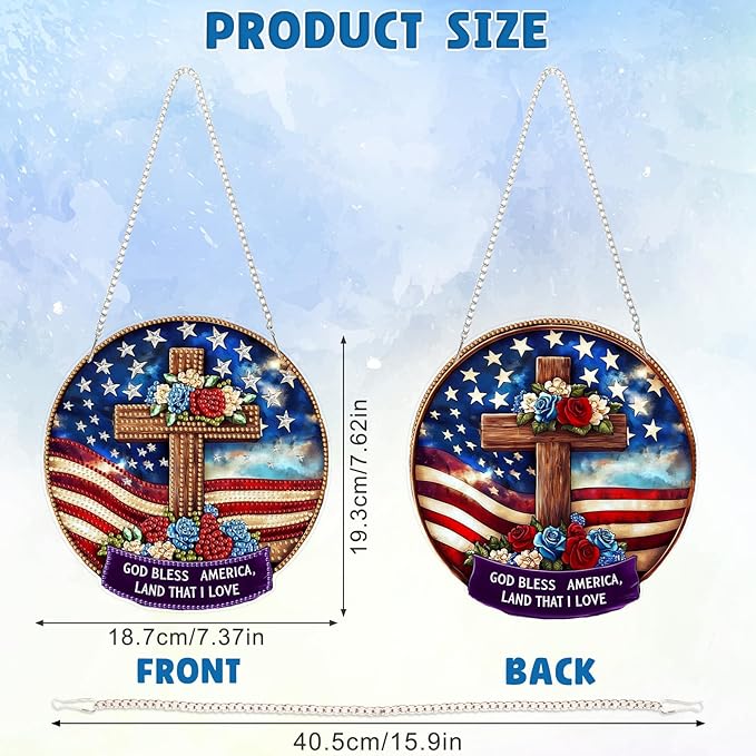 DOMROM 4TH of July Diamond Art Hanging Kit for Adult, Cross Diamond Art Hanging Kit, Patriotic DIY Diamond Art, Independence Day Diamond Hanging Pendant, Window Pendants Garden Wall Hanging Ornament