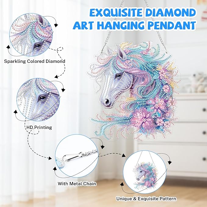 Bowetile Horse Diamond Art Hanging Kits for Adults, 5D Special Shape Diamond Painting Flowers Pendant Kits, Animal Gem Art Suncatchers Painting Window Ornament for Home Garden Wall Decor