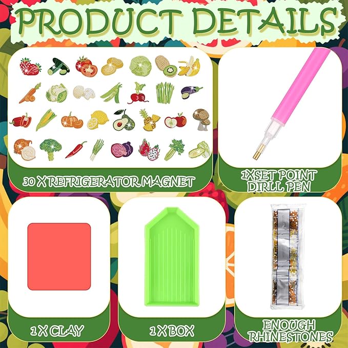 30 Pcs Diamond Art Painting Magnets Kits Vegetables Magnetic Fridge Diamond Art Painting Kits Cute Small Fridge Magnet 5d Round Full Drill Gem DIY Craft Paint by Dots for Adult Beginner Gifts Home