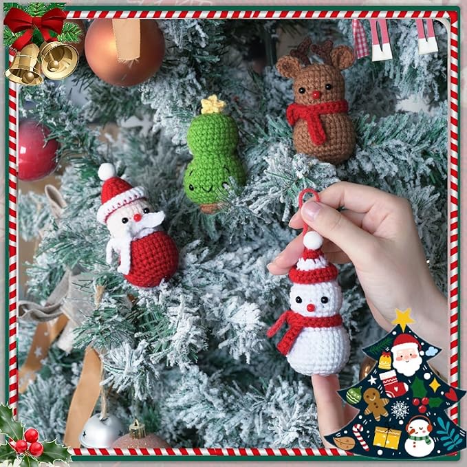 4-in-1 Christmas Crochet Kit | Make Snowman, Santa, Reindeer & Tree | DIY Holiday Ornaments & Festive Decor | Beginner Friendly Gift Set with Video Tutorial