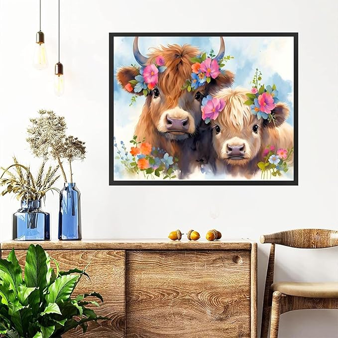 Highland Cow Paint by Numbers for Adults with Framed Canvas-with Wooden Easel,Cow Paint by Number on Canvas,DIY Acrylic Oil Painting Kits with Brushes Nice Gift Box for Home Wall Decor(16x20inch)