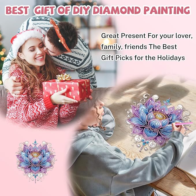 Lotus Diamond Art Hanging Kits for Adults, Diamond Art Suncatchers Flowers, 5D Special Shape Diamond Painting Pendant Window Ornament Gifts for Home Wall Garden Door Decor